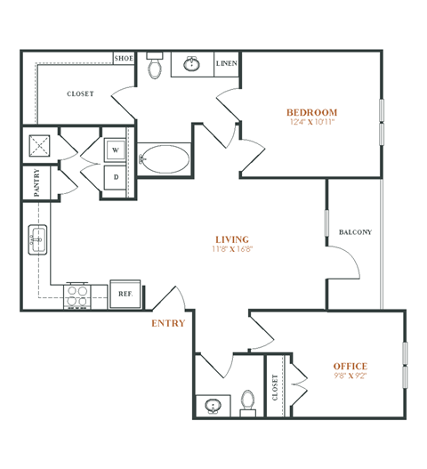 Floor plan for 1 bed, 1.5 baths, 916 sqft